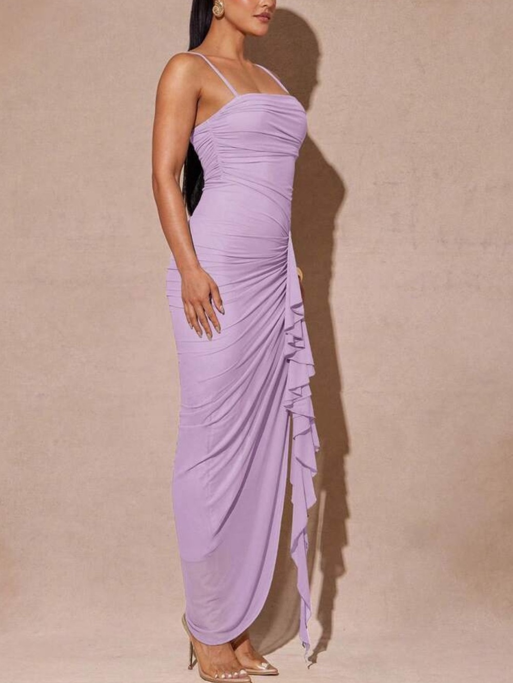 Purple Ruched Sheath Dress with Side Ruffle - Picture 5 of 7